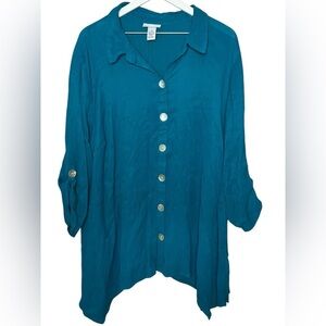 Catherine’s Lagenlook Boho Festival Beach Button Down Blouse Lightweight Teal 2X